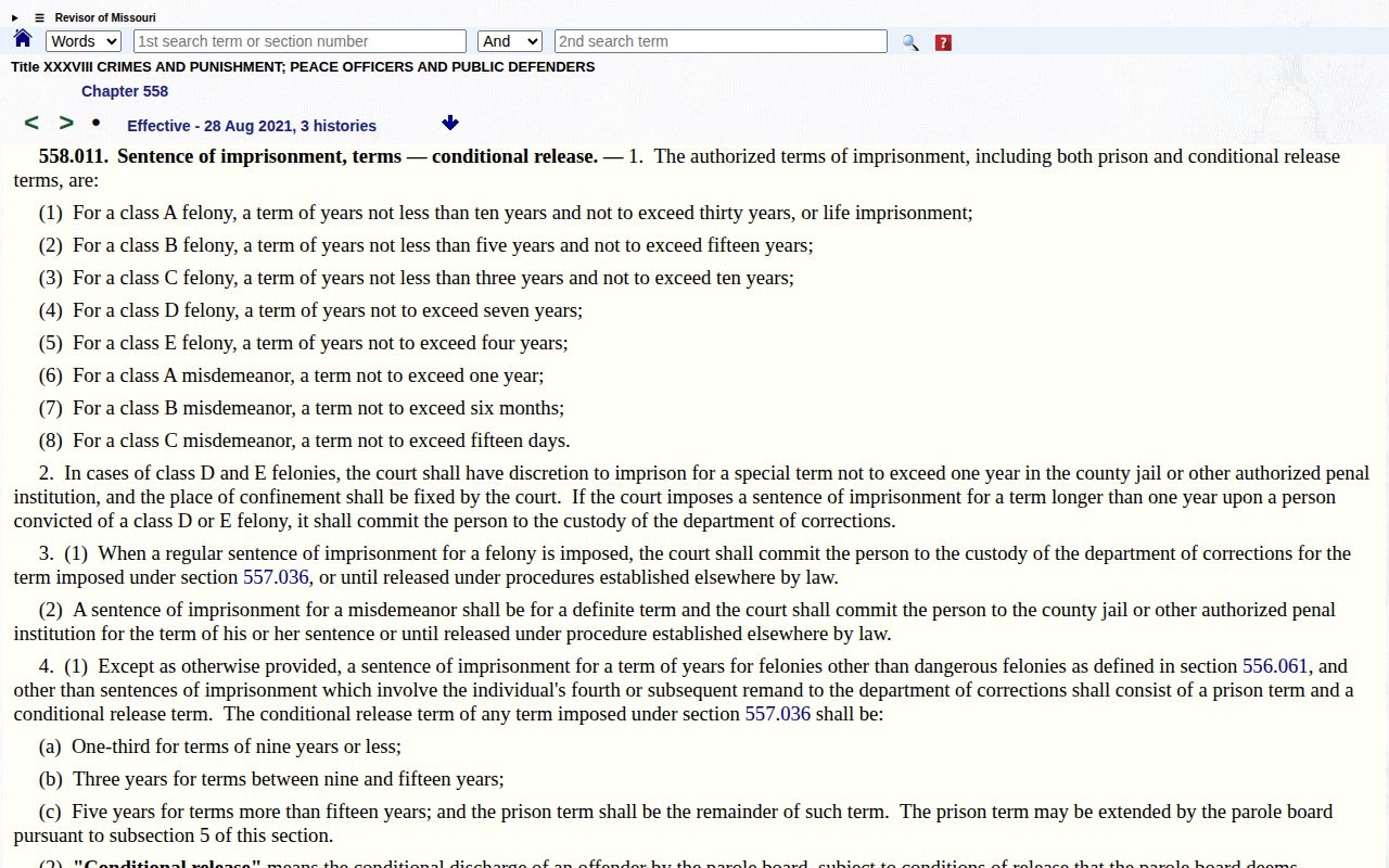 Missouri conditional release law for Atchison County projected release calculations