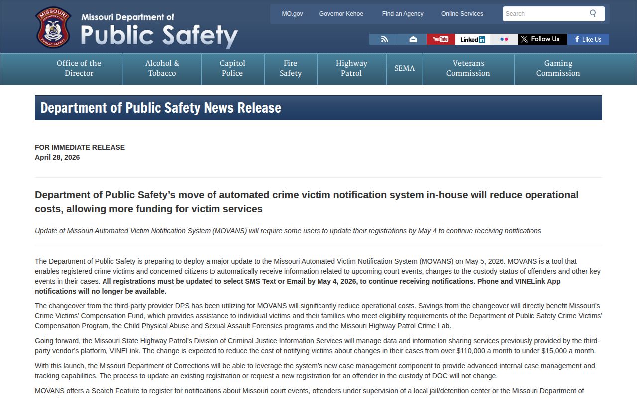 Missouri MOVANS VINELink release alert changes affecting Atchison County